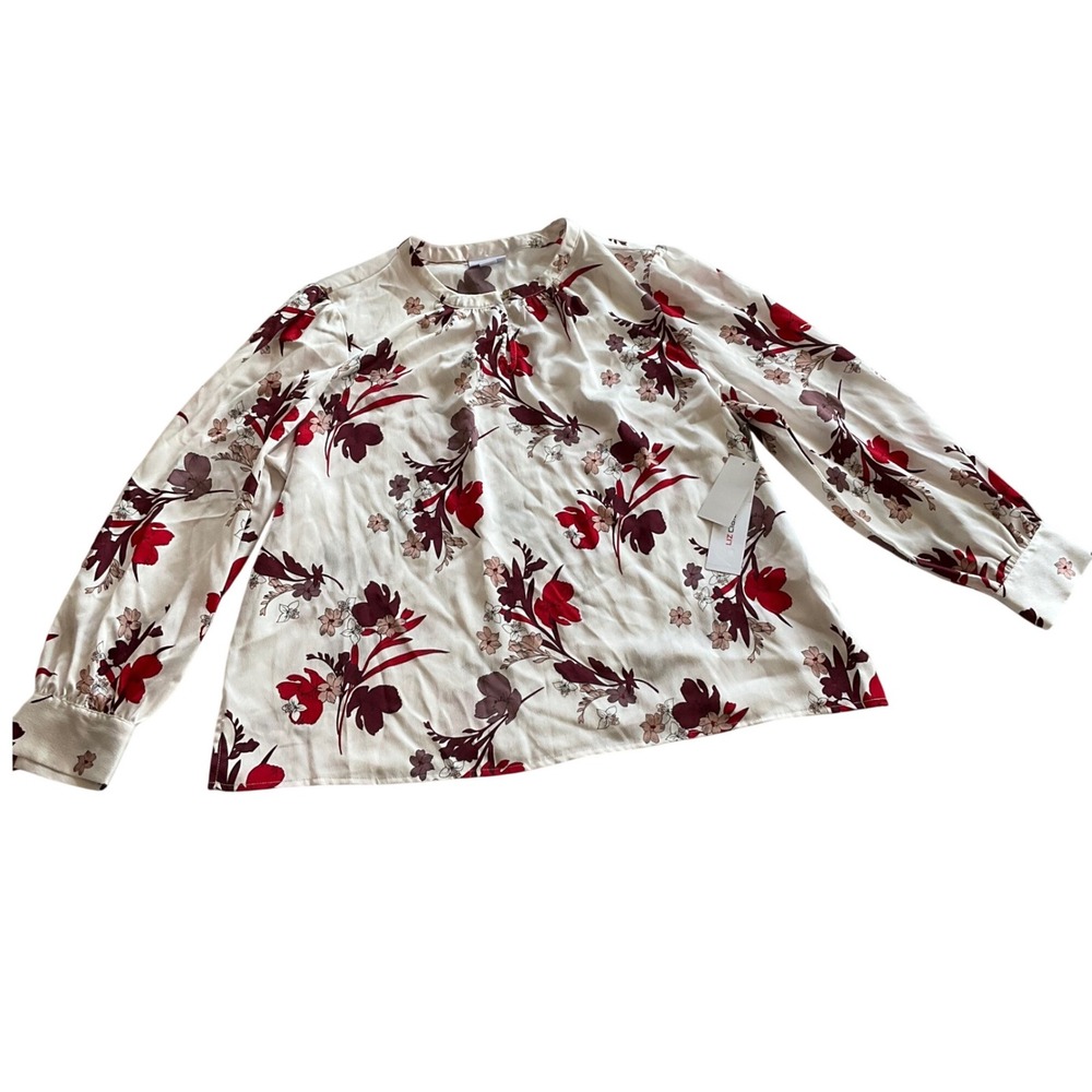 Liz Claiborne Floral Blouse Womens PXXL Cream Red Long Sleeve Pleated Neck‎ NWT